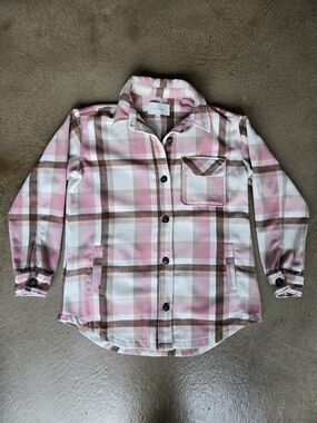 Plaid Button-Front Shacket in Pink and Brown